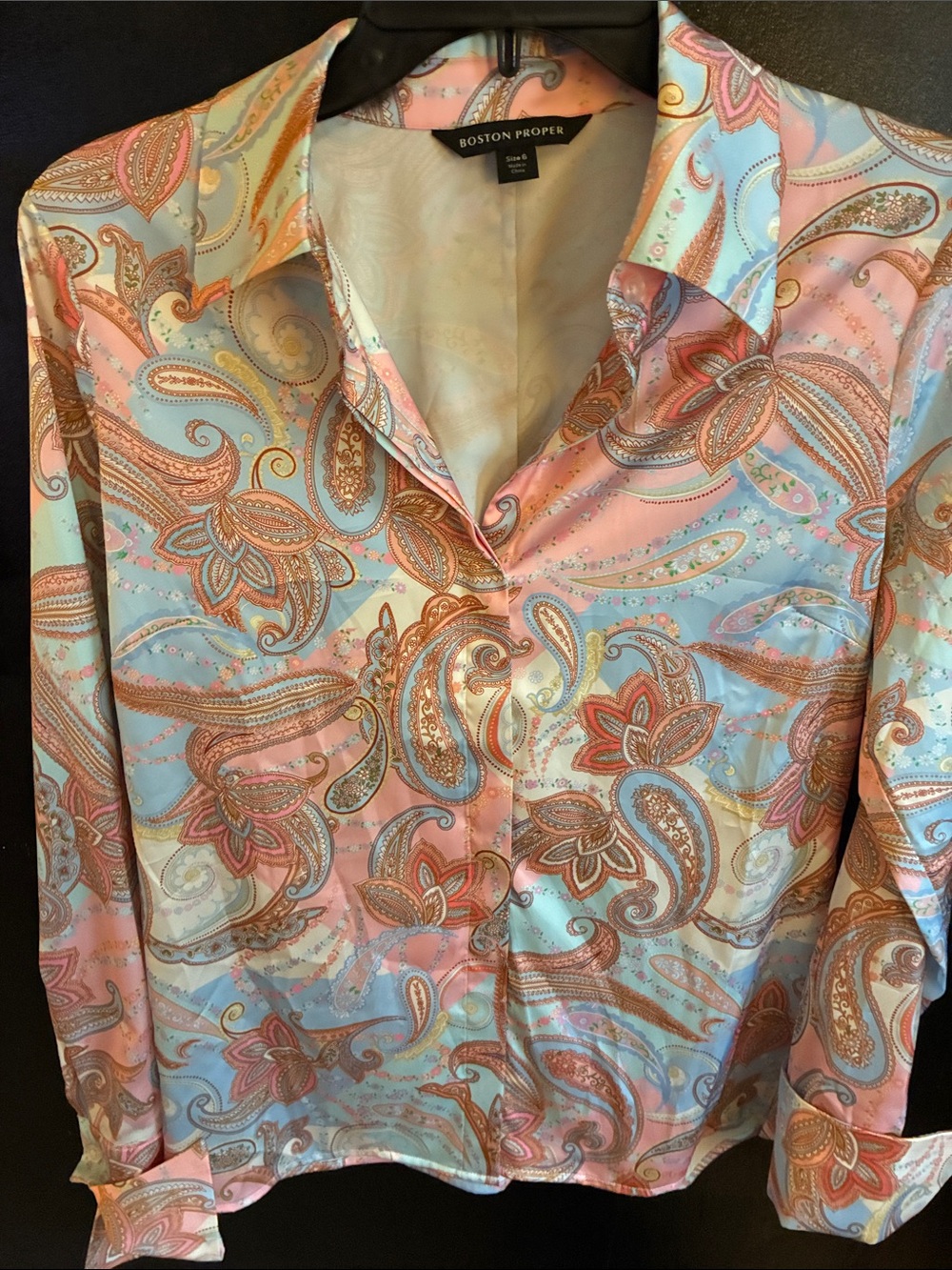 Boston Proper Pastel Paisley Satin Button-Up Blouse French Cuffs 6